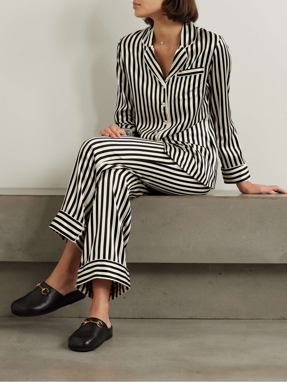 NWT: Olivia Van Halle Lila Nika Striped Silk Satin Pajama Set - US M